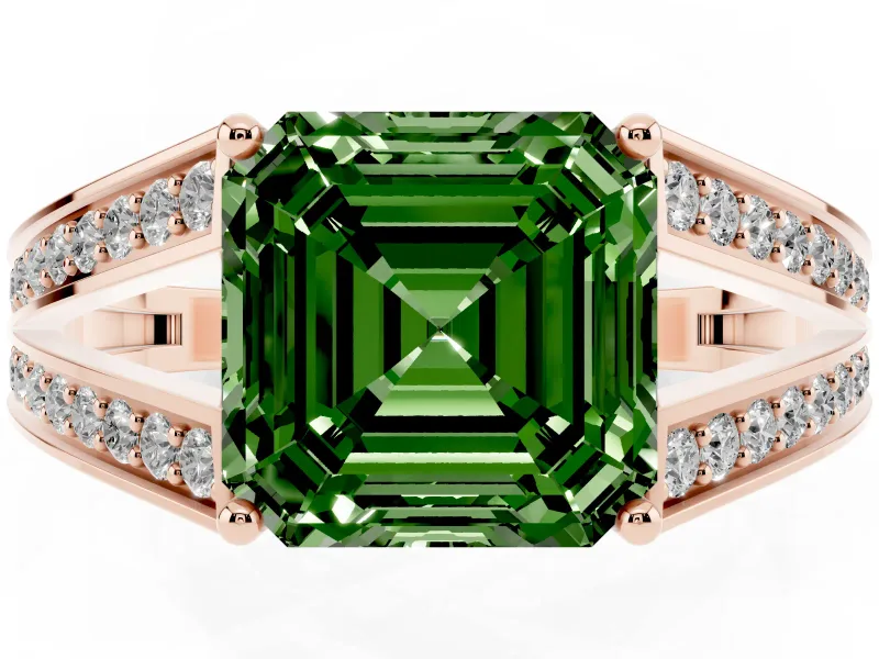 Fancy Green Asscher Cut Diamond Split Shank Ring Set in Rose gold with Pavé Band and Prong Setting