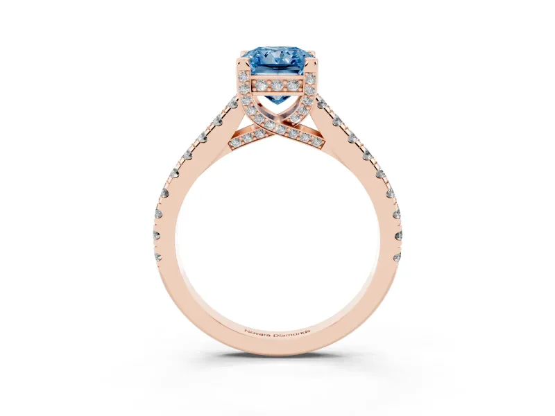 Radiant Cut Hidden Halo Pave Engagement Ring Setting for a Fancy Blue Lab-Grown Diamond | Claw Prongs | Rose Gold