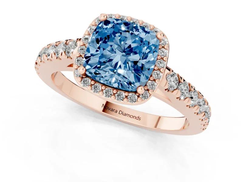 Cushion Cut Halo Pavé Engagement Ring Setting for a Fancy Blue Lab-Grown Diamond | Rose Gold