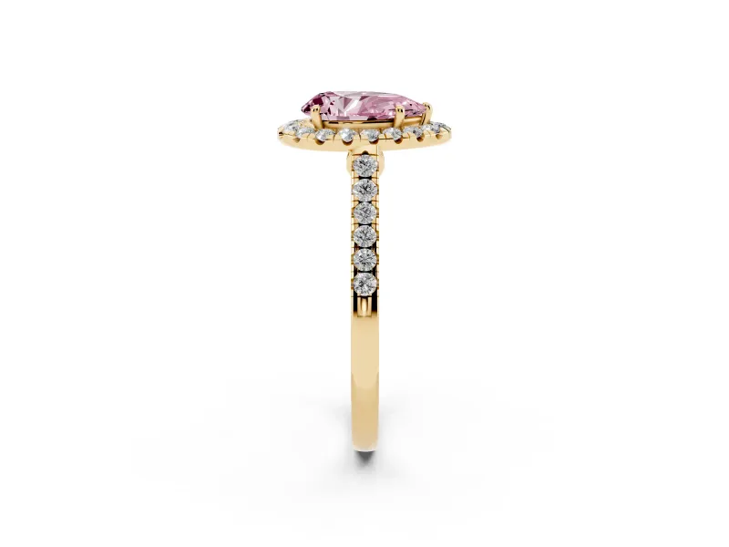 Pear-Shaped Halo Engagement Ring Setting for a Fancy Pink Lab-Grown Diamond | Pave Shoulders | Yellow Gold