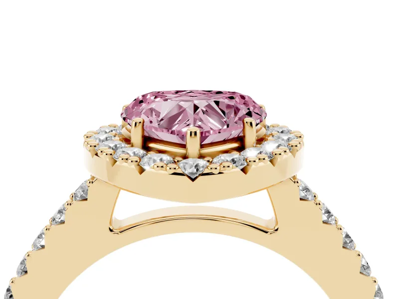 Heart-Shaped Halo Engagement Ring Setting for a Fancy Pink Lab-Grown Diamond | Single Row Pavé Band | Yellow Gold