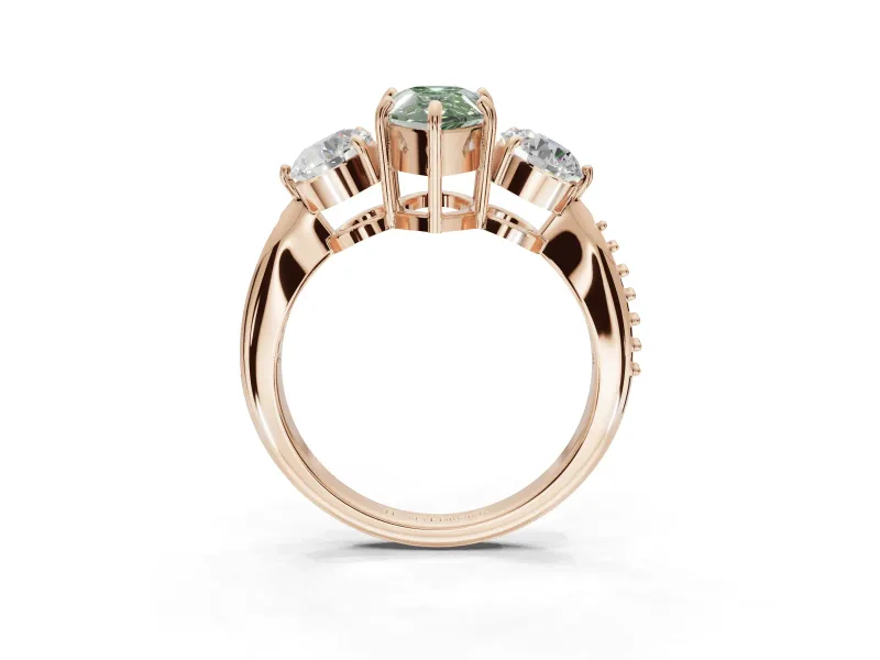 Pear-Shaped Three Stone Engagement Ring Setting for a Fancy Green Lab-Grown Diamond | Tapered Pave Band | Rose Gold