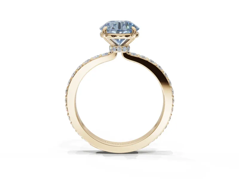 Round Hidden Halo Engagement Ring Setting for a Fancy Blue Lab-Grown Diamond | Pavé Band | Yellow Gold