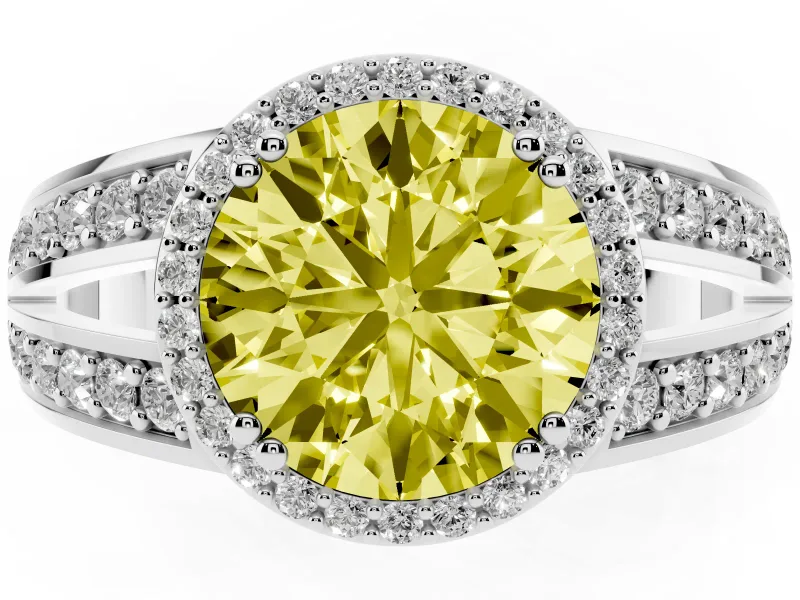 Round Halo Engagement Ring Setting for a Fancy Yellow Lab-Grown Diamond | Split Shank | White Gold