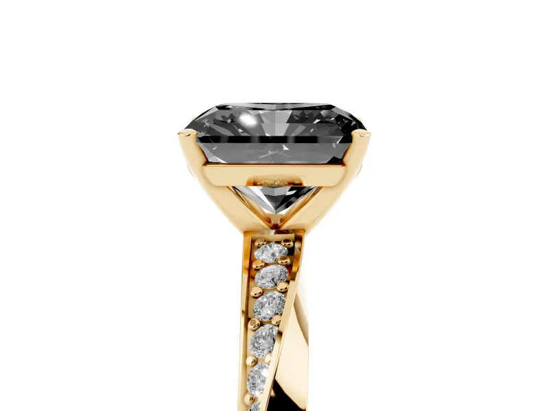 Fancy Black Radiant Cut Diamond Engagement Ring Set in Yellow gold with Side Stone Accents and Prong Setting