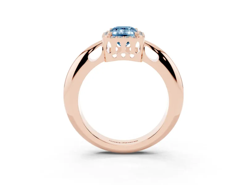 Fancy Blue Emerald Cut Diamond Halo Engagement Ring Set in Rose gold with Plain Split Shank and Prong Setting
