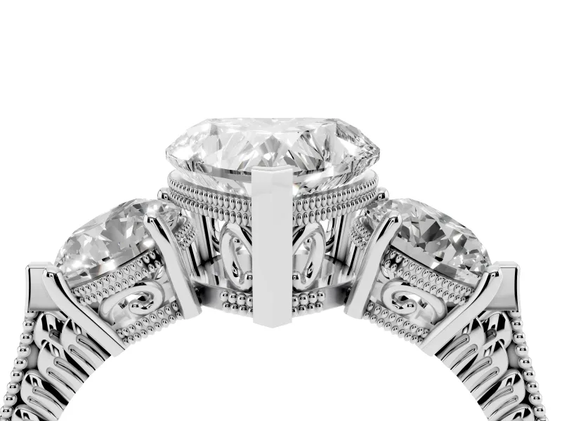 Heart Cut Diamond Three-Stone Ring Set in Silver with Milgrain Band