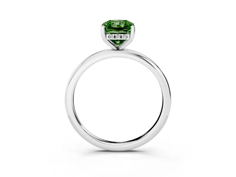 Fancy Green Radiant Cut Diamond Solitaire Engagement Ring Set in White gold with Prong Setting and Polished Band