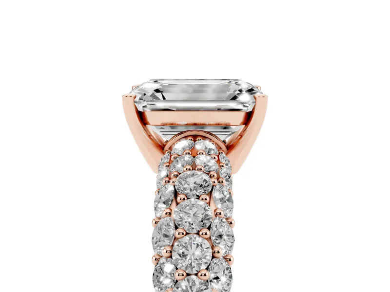 Emerald Cut Multi Row Pave Solitaire Engagement Ring Setting | Domed Shoulders | Rose Gold