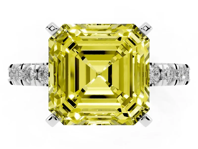 Fancy Yellow Asscher Cut Diamond Pavé Band Solitaire Set in Silver with Prong Setting