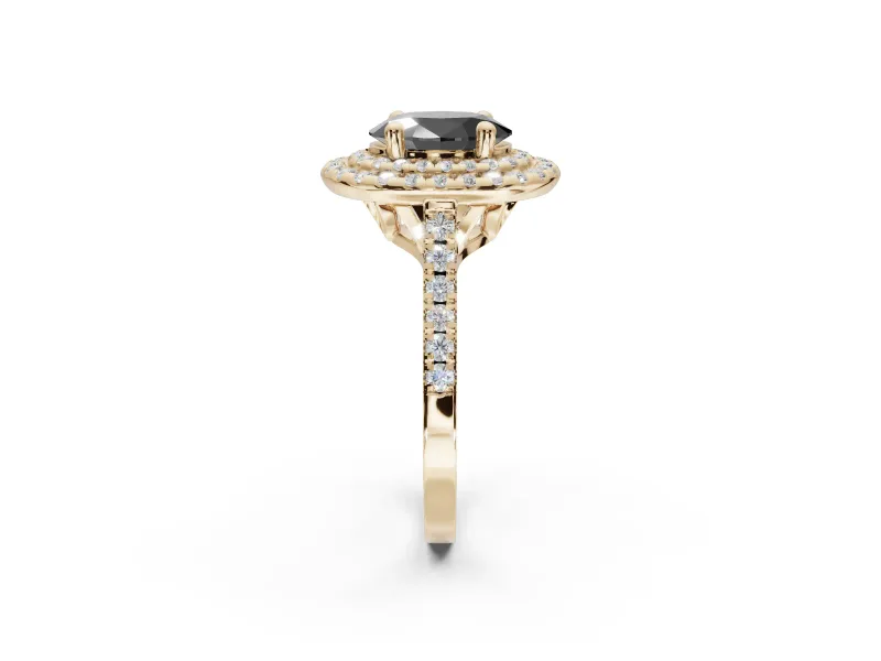 Oval Double Halo Engagement Ring Setting for a Black Center | Pavé Shoulders | Yellow Gold