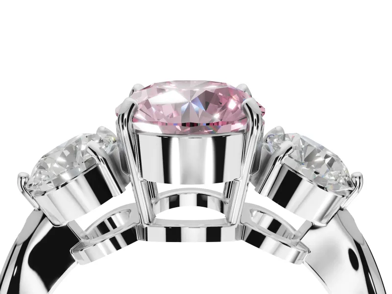 Round Three Stone Engagement Ring Setting for a Fancy Pink Lab-Grown Diamond | Tapered Pave Band | Platinum