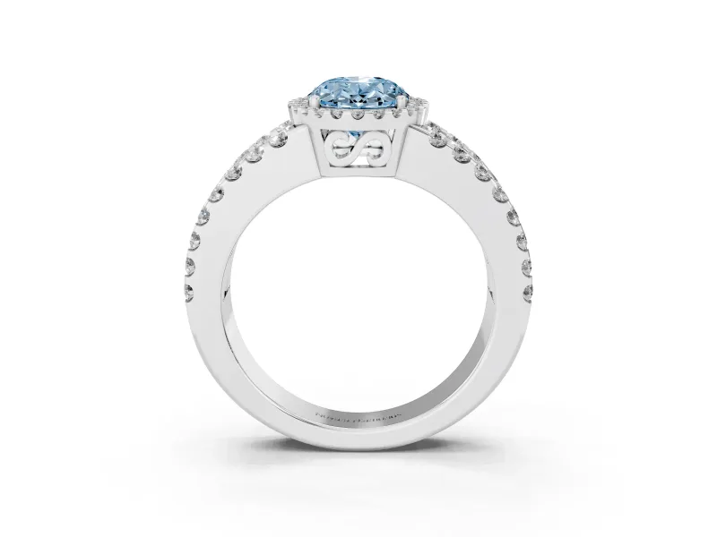 Fancy Blue Oval Cut Diamond Halo Ring Set in Platinum with Pavé Split Shank and Prong Setting