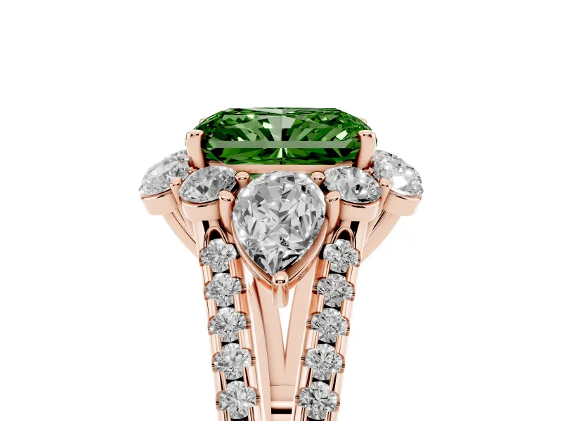 Fancy Green Radiant Cut Diamond Halo Split Shank Engagement Ring Set in Rose gold with Prong-Held Center Stone