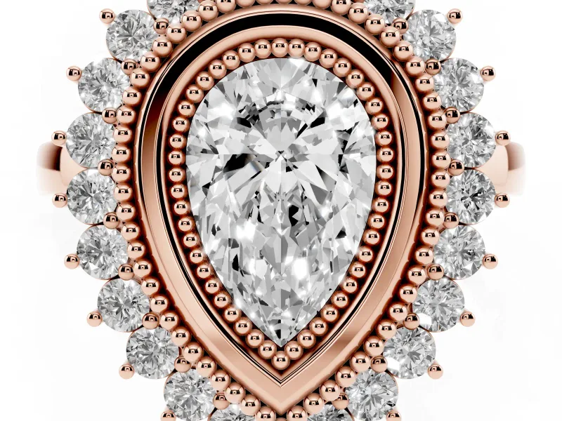 Pear Cut Diamond Halo Ring Set in Rose gold with Milgrain Edge and Round Prong Setting