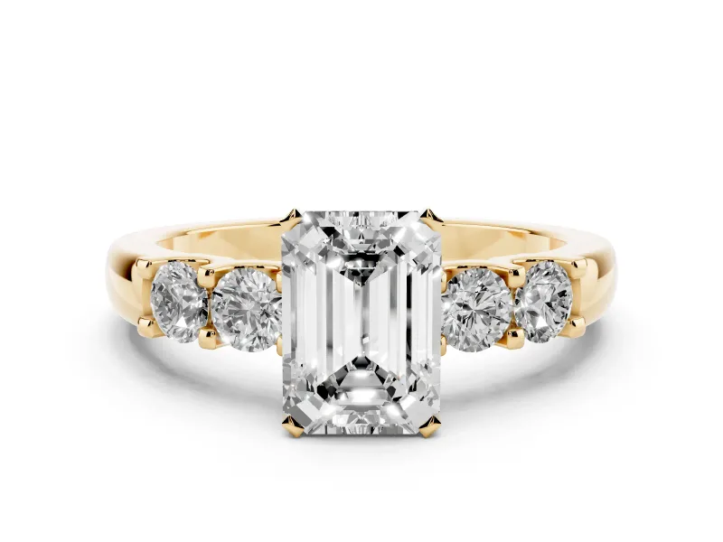 Emerald Cut Diamond Five-Stone Prong Set Engagement Ring Set in Yellow gold with Channel Band