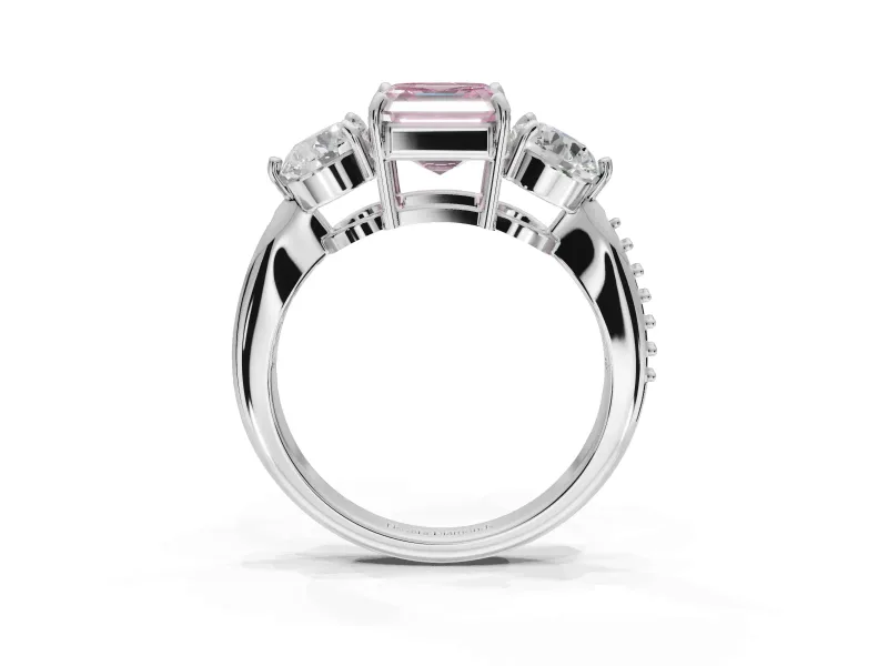 Asscher Cut Three Stone Engagement Ring Setting for a Fancy Pink Lab-Grown Diamond | Tapered Pave Band | Sterling Silver
