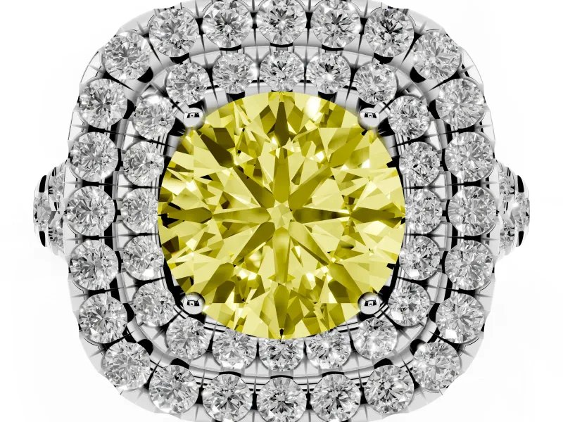 Round Halo Split Shank Engagement Ring Setting for a Fancy Yellow Lab-Grown Diamond | Pavé Strands | Sterling Silver