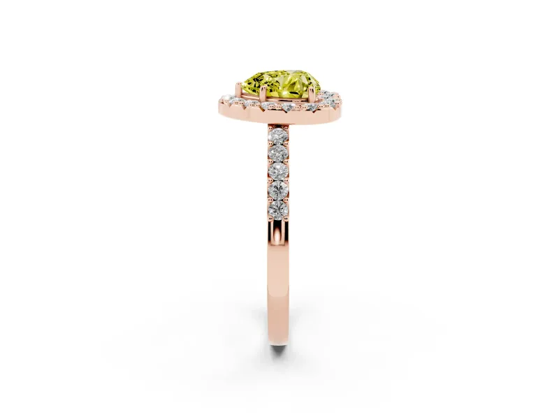 Fancy Yellow Heart Cut Diamond Halo Pavé Solitaire Ring Set in Rose gold with Prong-Set Center Stone