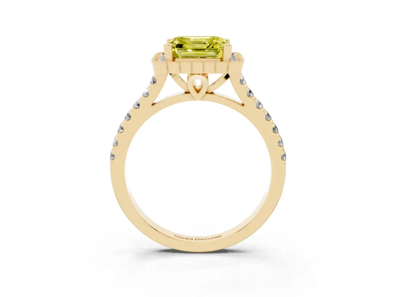 Asscher Cut Milgrain Floral Halo Engagement Ring Setting for a Fancy Yellow Lab-Grown Diamond | Pavé Band | Yellow Gold