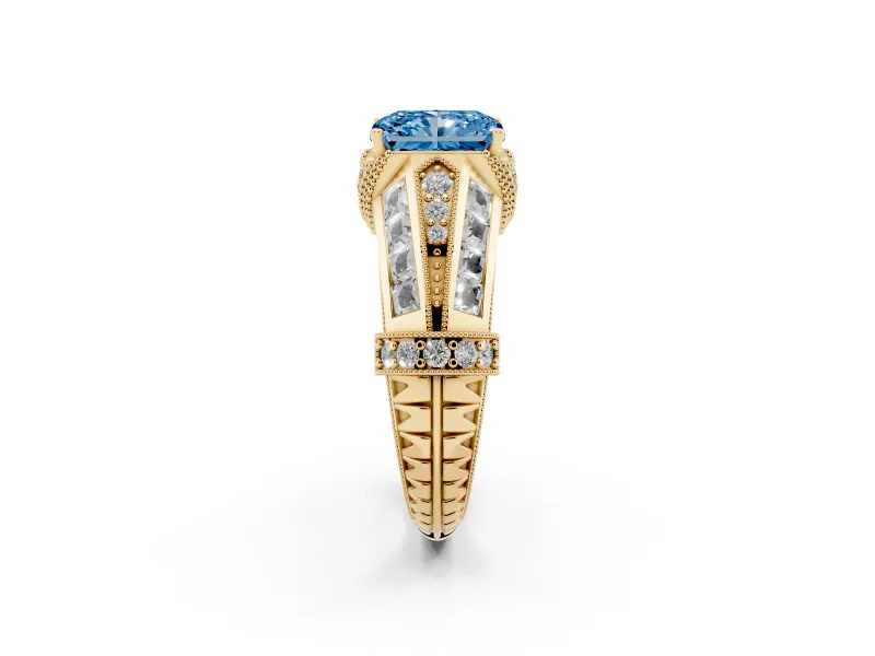 Fancy Blue Radiant Cut Diamond Vintage-Inspired Milgrain Ring Set in Yellow gold with Accent Split Shank