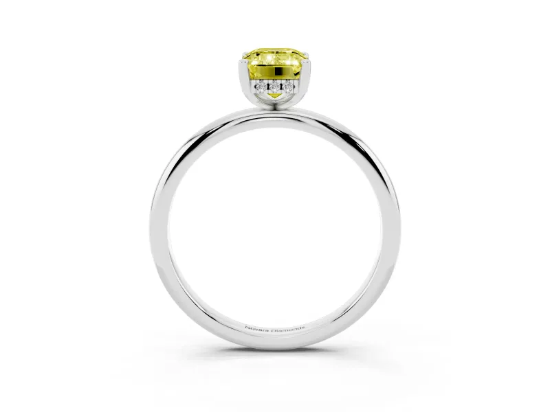 Fancy Yellow Emerald Cut Diamond Solitaire Engagement Ring Set in Silver with Prong Setting and Polished Band
