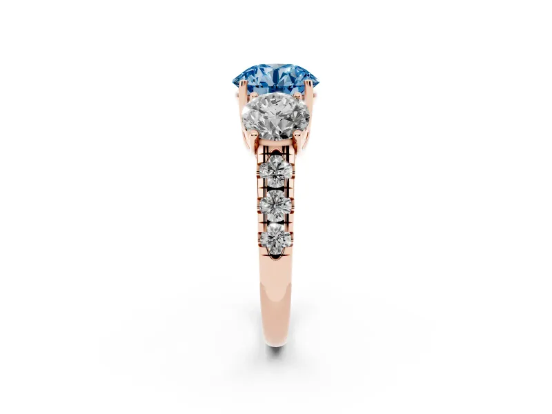Round Three Stone Engagement Ring Setting for a Fancy Blue Lab-Grown Diamond | Accented Shoulders | Rose Gold