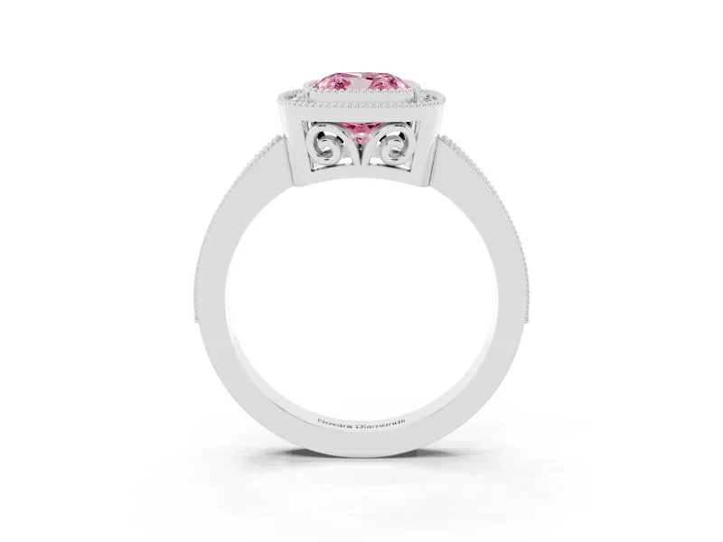 Fancy Pink Cushion Cut Diamond Halo Ring Set in White gold with Pavé Band and Milgrain-Edged Prongs