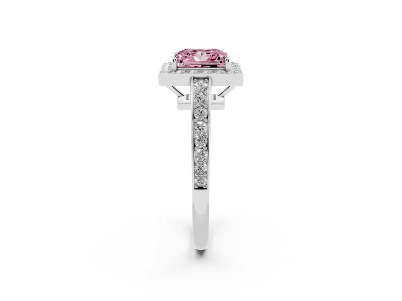 Fancy Pink Princess Cut Diamond Halo Pavé Engagement Ring Set in Platinum with Bezel Setting