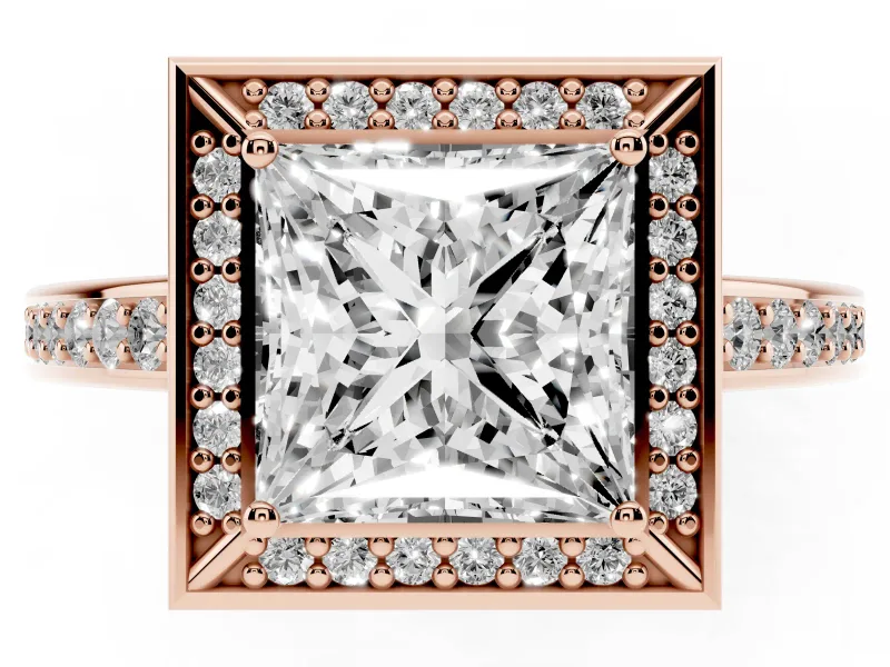 Princess Cut Diamond Halo Pavé Split Shank Ring Set in Rose gold with Prong Setting