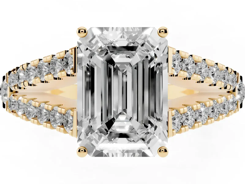 Emerald Cut Graduated Pave Split Shank Engagement Ring Setting | V Split Shoulders | Yellow Gold