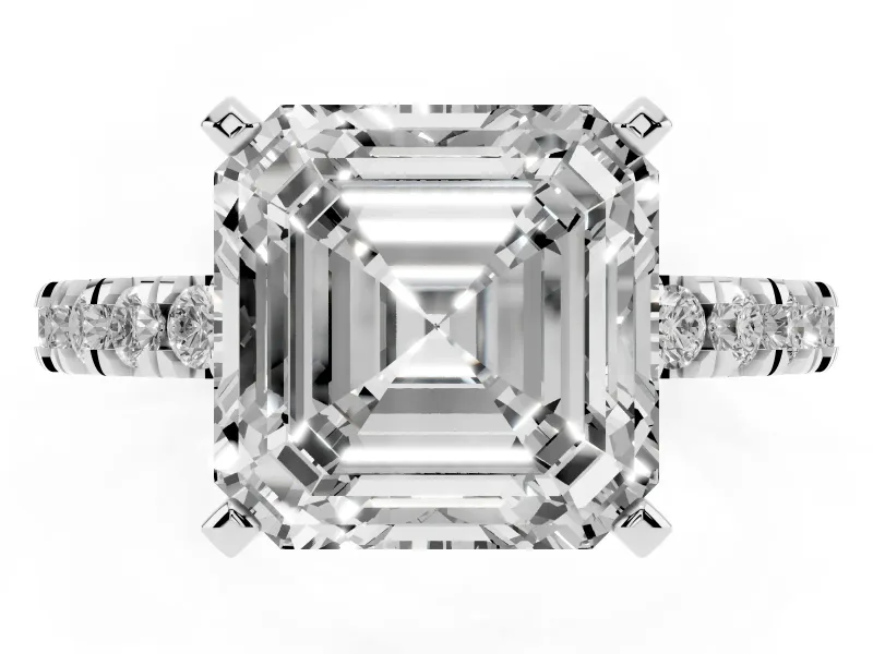 Asscher Cut Diamond Pavé Band Solitaire Set in White gold with Prong Setting