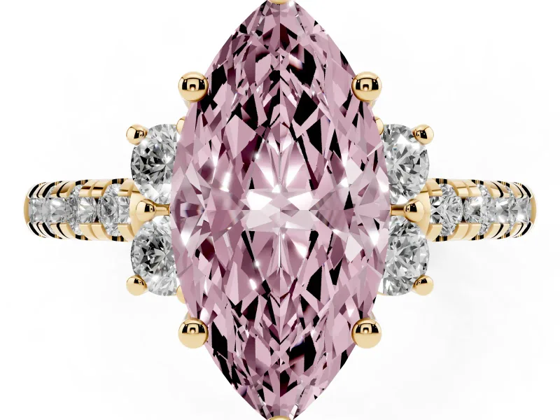 Marquise Side Stone Pave Engagement Ring Setting for a Fancy Pink Lab-Grown Diamond | Paired Round Accents | Yellow Gold