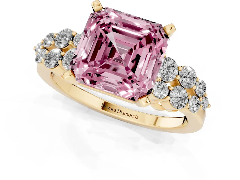 Fancy Pink Asscher Cut Diamond Cluster Engagement Ring Set in Yellow gold with Pavé Band and Prong Setting
