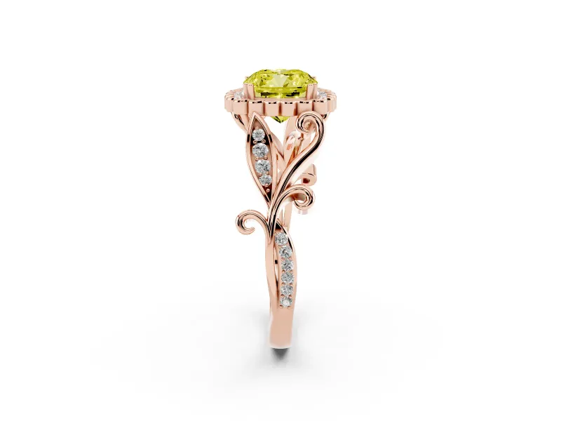Cushion Cut Leaf Halo Engagement Ring Setting for a Fancy Yellow Lab-Grown Diamond | Rose Gold