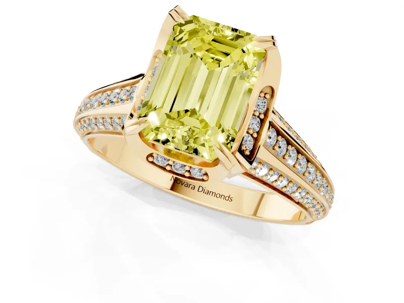 Fancy Yellow Emerald Cut Diamond Pavé Split Shank Solitaire Ring Set in Yellow gold with Prong Setting