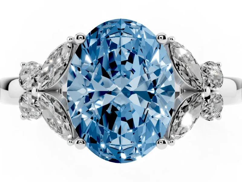 Fancy Blue Oval Cut Diamond Solitaire Floral Ring Set in Platinum with Marquise Petals and Prong Setting