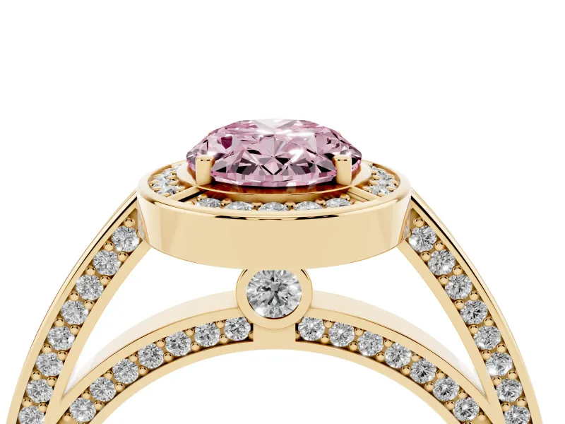 Fancy Pink Oval Cut Diamond Halo Pavé Split Shank Ring Set in Yellow gold with Prong Setting