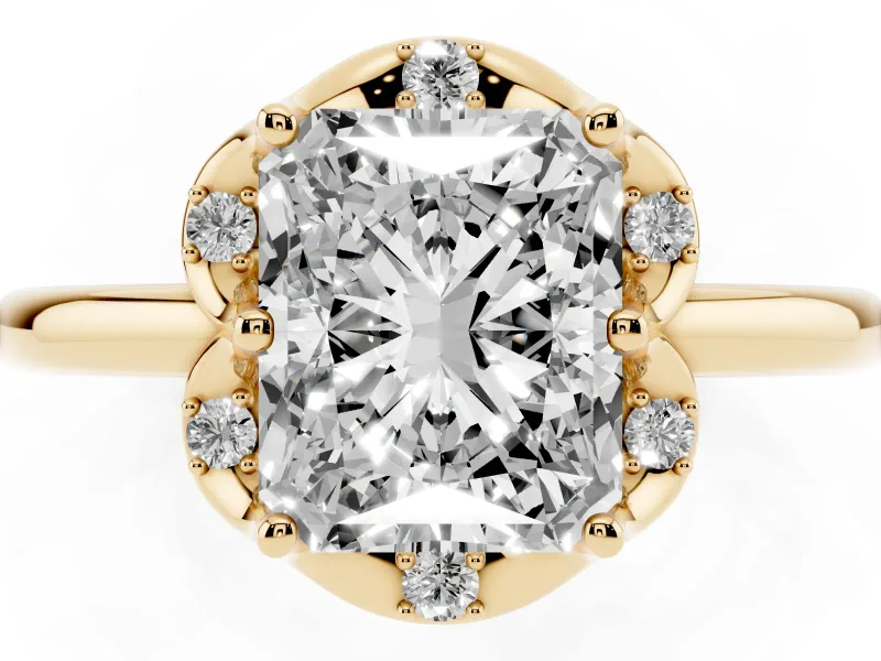 Radiant Cut Scalloped Petal Halo Engagement Ring Setting | Plain Band | Yellow Gold