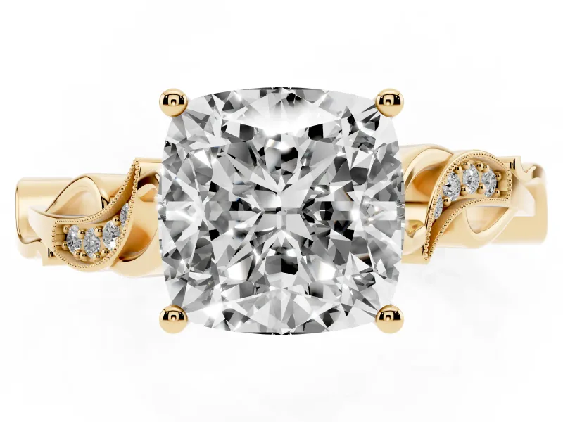 Cushion Cut Vintage Vine Solitaire Engagement Ring Setting | Milgrain Leaves | Yellow Gold