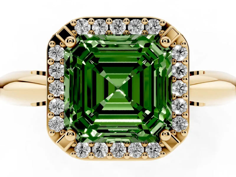 Asscher Cut Halo Engagement Ring Setting for a Fancy Green Lab-Grown Diamond | Plain Tapered Band | Yellow Gold