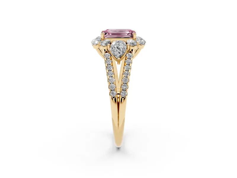 Emerald Cut Scalloped Halo Engagement Ring Setting for a Fancy Pink Lab-Grown Diamond | Pear Side Stones | Yellow Gold