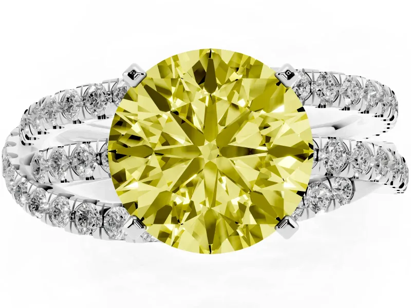 Fancy Yellow Round Cut Diamond Solitaire Twist Band Ring Set in White gold with Pavé Setting and Prong Head
