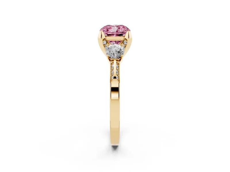 Cushion Cut Hidden Halo Three Stone Engagement Ring Setting for a Fancy Pink Lab-Grown Diamond | Yellow Gold