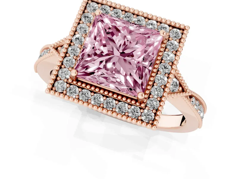 Fancy Pink Princess Cut Diamond Halo Engagement Ring Set in Rose gold with Milgrain Pavé Band