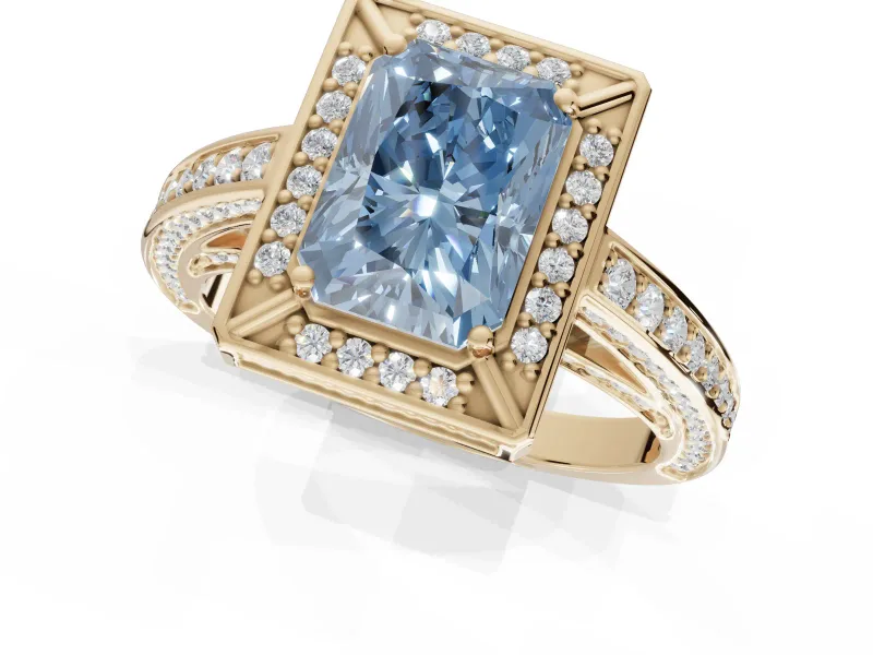 Radiant Cut Sectioned Halo Engagement Ring Setting for a Fancy Blue Lab-Grown Diamond | Yellow Gold