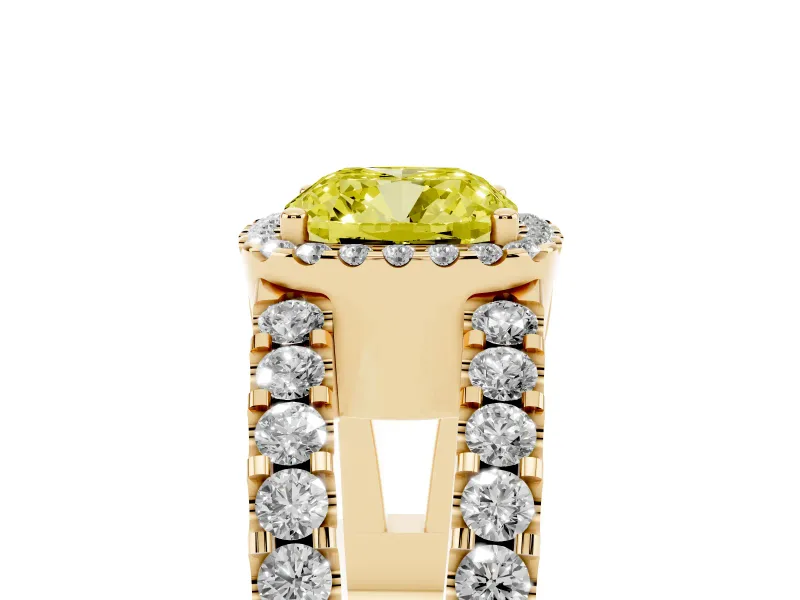 Fancy Yellow Cushion Cut Diamond Halo Ring Set in Yellow gold with Pavé Split Shank and Prong Setting