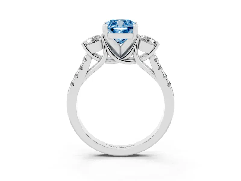 Fancy Blue Three-Stone Cushion Cut Diamond Pavé Band Ring Set in Silver with Prong-Set Trio