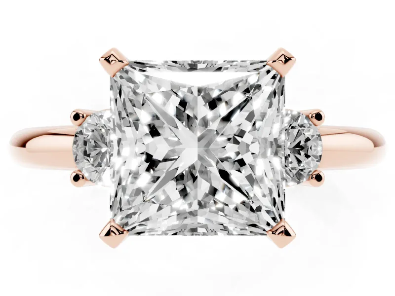 Princess Cut Three Stone Engagement Ring Setting | Round Side Stones | Rose Gold