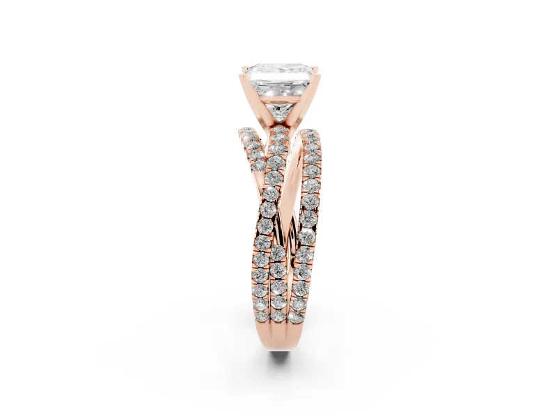 Princess Cut Diamond Solitaire Twist Band Ring Set in Rose gold with Pavé Setting and Prong Head